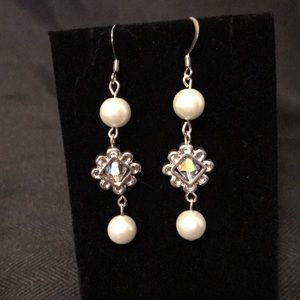 Fashion Earrings Faux Silver Pearl Dangle Diamond
